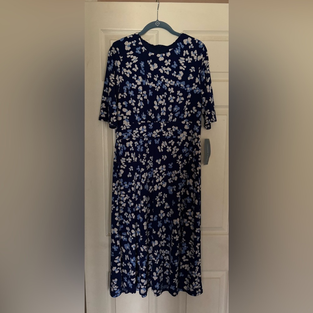 London Times Navy Blue Floral print Midi Dress